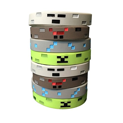 Pixel Style Miner Character Wristbands (8 Pack)- Pixel Style Video Game Designs - Spider, Creeper, Skeleton, Diamond - 2 of Each Style