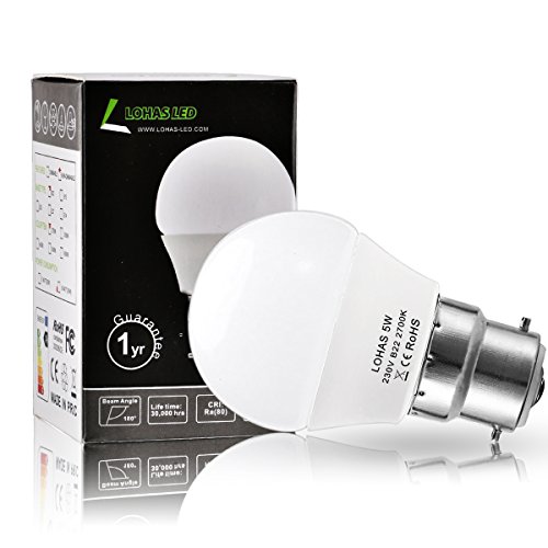 LOHAS® 5Watt G45 B22 LED Light Bulbs, Bayonet Base, 35Watt Incandescent Bulb Equivalent, Warm White 2700K, 400lm, Non Dimmable, 1-Pack