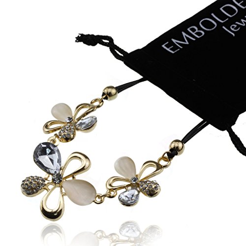 Crystal Gold Flower Charms Black Rope Chain Necklace - Fashion Jewelry Accessories Women Girls Teens