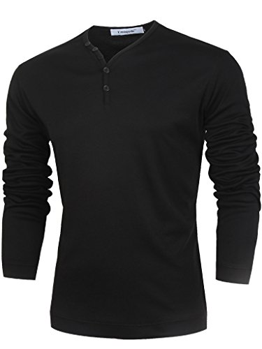 Emiqude Mens Slim Fit Long Sleeve Solid Button Cotton T-Shirt Medium Black