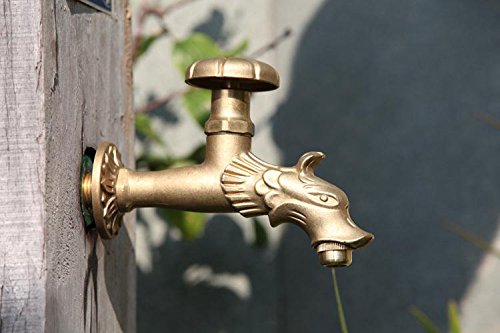 Aquafaucet Dragon Decorative Antique Brass Garden Outdoor Faucet - With a Set of Brass Quick Connecter for 1/2 Inches Hose