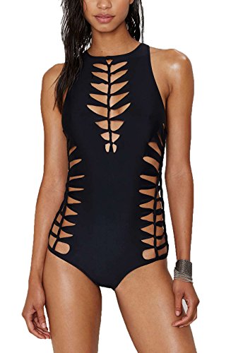 Women Black Sexy Hollow Out One Piece Swimsuit (L)