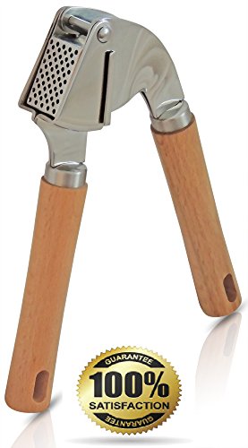 Lumont Garlic Press Crusher, Premium Garlic-mincer with Wood Handle & Stainless Steel Basket Hold Multiple Cloves -User-friendly Single-hand Operation, Easy to Clean -Stylish Design