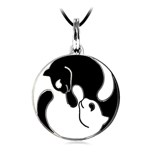 YIN YANG TWINS CATS FELINE MEDAL COLLAR CHARM PENDANT NECKLACE