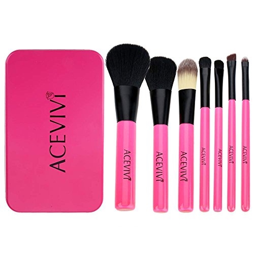 ACEVIVI Korea Style 7 pcs Lovely Pink Portable Cosmetic Brushes Tin Box Mini Travel Makeup Brushes ...
