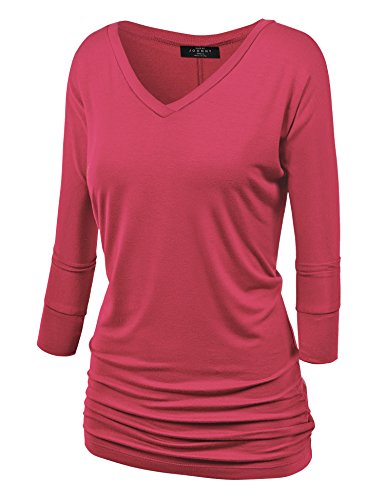 MBJ WT1036 Womens V Neck 3/4 Sleeve Dolman Top with Side Shirring S CORAL