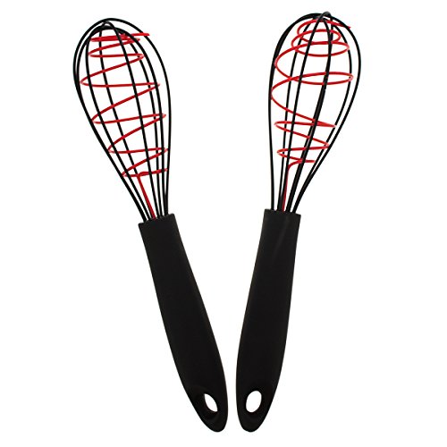 2 Vortex Whisk Silicone Coated Wire, Non-Stick Pan Safe, Black/Red, Hanging Loop