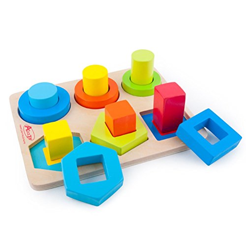 ACOOLTOY Wooden Shape Sorter Board with Colourful Geometric Blocks For Kids Early Education