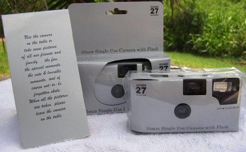 10 Pack Plain Shiny Silver Disposable Wedding Cameras in Matching Gift Boxes with Table Tents, 35mm, 27 Exposures for Candid Photos!