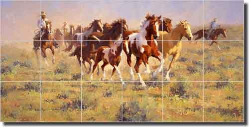 Run to Sundown by Jim Rey - Western Horses Ceramic Tile Mural 12.75 x 25.5 Kitchen Shower Backsplash