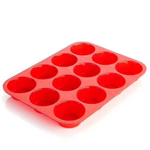 BakeMaster Silicone Muffin Pan Silicone Cupcake Pan 100% Food Grade Silicone Quiche Pan BPA free Non stick Red Silicone Cupcake Maker Lightweight Cupcake Mold Microwave and Dishwasher Safe