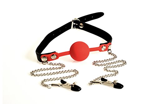Ball Gag Red Silicone with Chained Nipple Clamps and adjustable pressure by HappyNHealthy
