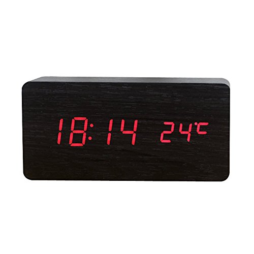 Mxson Cubic Multifunctional Imitation Wood Bamboo Electronic Alarm Clock,black red