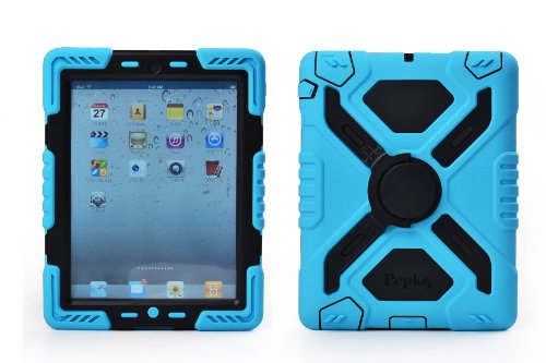 Pepkoo Ipad 2/3/4 Case Plastic Kid Proof Extreme Duty Dual Protective Back Cover with Kickstand and Sticker for Ipad 4/3/2 - Rainproof Sandproof Dust-proof Shockproof (Blue/black)