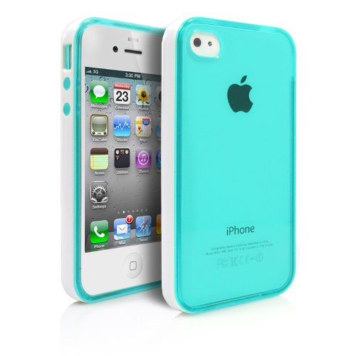 iPhone 4S Case, MagicMobile Hard Hybrid Flexible Transparent Slim Case for Apple iPhone 4/4S Rubberized TPU Impact Resistant Cover Skin Clear Case for iPhone 4 [White Frame] Bumper - Color: Turquoise