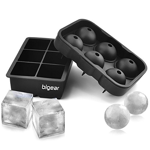 Bigear Silicone Ice Trays, Whiskey Cocktails Ball Round Ice Mold & Large Square Ice Cube Tray, Combo Silicone Molds - Ice Cube Mold & Ice Ball Mold