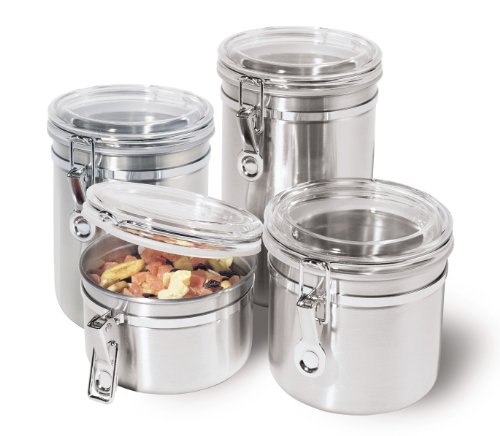 Oggi Stainless Steel Canister Set with Airtight Acrylic Lid and Clamp, 4-Piece