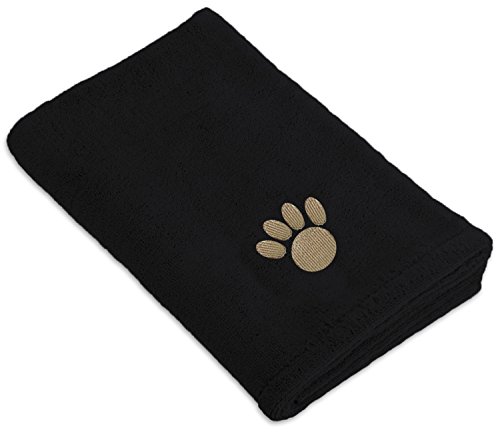 DII Bone Dry Microfiber Dog Bath Towel with Embroidered Paw Print, 44x27.5, Black