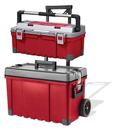 Keter Pro 22 + 25 in. Storage Plastic Portable Rolling Tool Box & Utility Cart, Red / Grey
