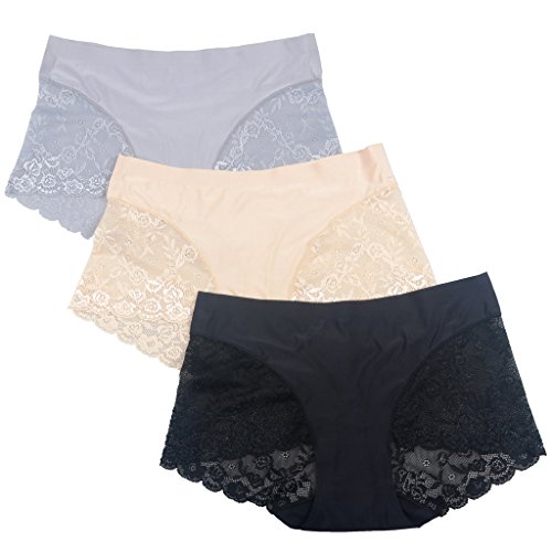 NEOSAN Women 3 Pack Seamless Lace Briefs Full Black Grey Beige Panty M