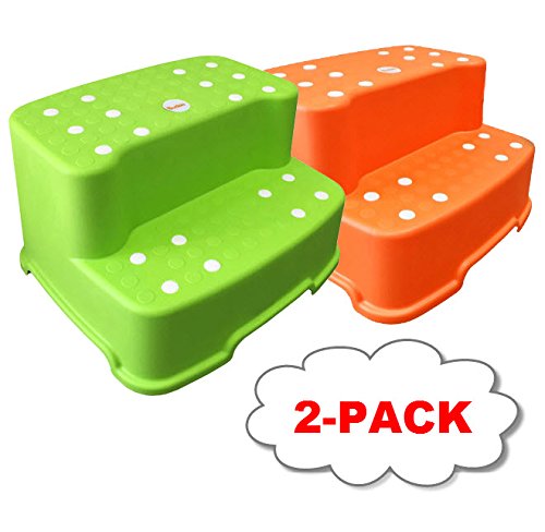 2-PACK Green and Orange Tenby Living Extra-Wide Extra-Tall Jumbo Step Stool with Removable Non-Slip Caps & Rubber Grips