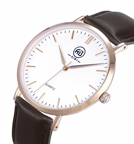 AIBI Waterproof Mens Brown Leather Ultra Thin Rose Gold-tone Case Quartz Dress Watch, Case Thickness:4mm