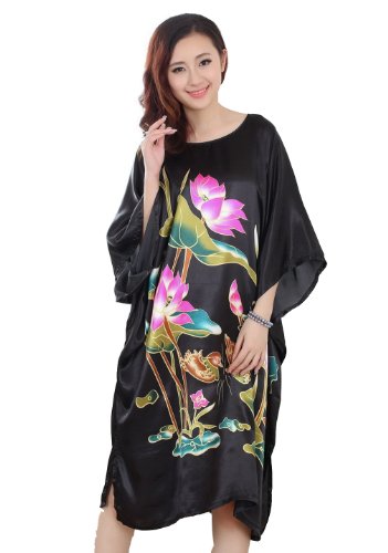 ACVIP Women's Lotus Printed Nightshirt Sleepwear Loose Nightgown Black