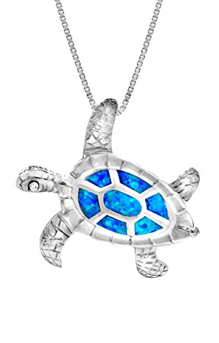 Turtle Necklace Pendant with Synthetic Blue Opal in Sterling Silver and 18 Box Chain