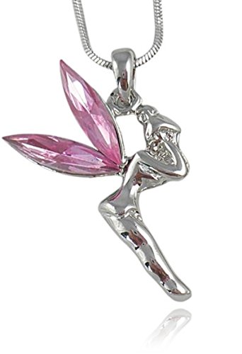 Adorable Silver Tone Pink Crystal Mythical Fairy Pendant Necklace for Girls, Teens and Women