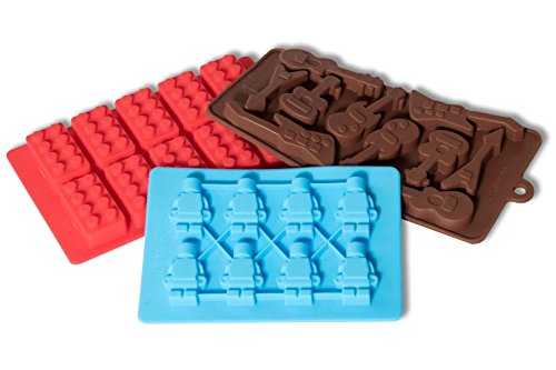 Ice Cube Tray Silicone and Candy Mold 3-Pack includes Guitars, Legos, Robots. Durable, Flexible and Easy-to-use for Parties and Kids Play.