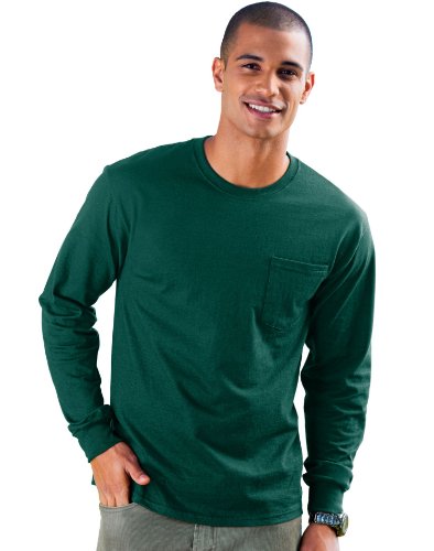 Hanes Tagless Long Sleeve T-Shirt with a Pocket Forest green X-Large