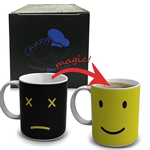 Magic Morning Coffee Mug, Yellow 12 Oz Heat Sensitive Color and Face Changing Ceramic Tea Cup, By Chuzy ChefÂ®