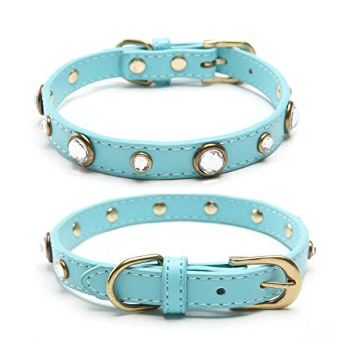 AWAMI 14-17 Luxury Leather Beads Crystal Dog Pet Collars BLue L