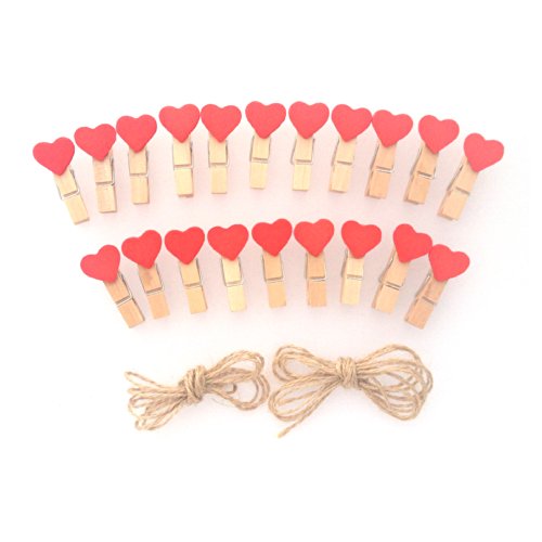 LWR Crafts Red Heart Wooden Mini Clothespins 20 pieces and Jute Cord 8ft