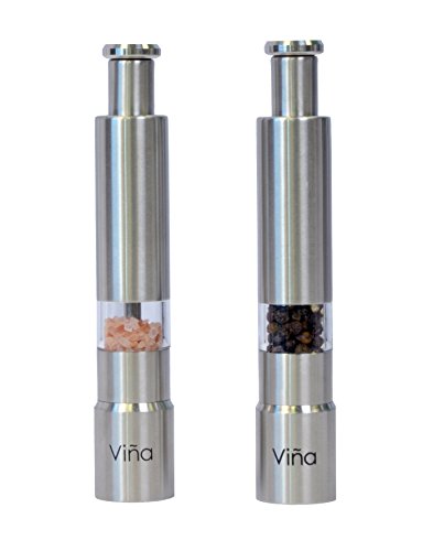 2 Pack Vina® Stainless Steel Thumb Push Mini Salt and Pepper Shaker Mill Shaker Grinder Set for Gourmet, 2PCs / set