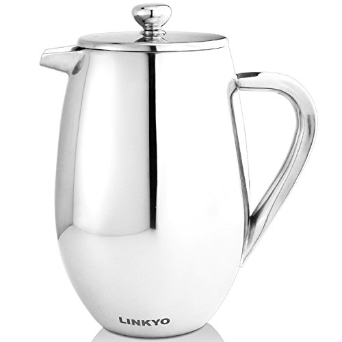 LINKYO Stainless Steel French Press - 18/10 Curved Double Wall Coffee Maker 34oz, 1L