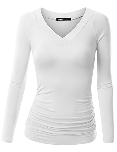 Thanth Womens Fashion Long Sleeve V-Neck Tee Tank Top Shirt, White, M