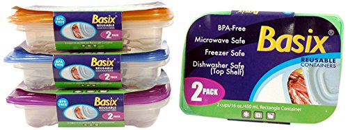 Basix Rectangle Disposable Food Storage Container, 16-Ounce, Clear with Color Lid, 2-Pack