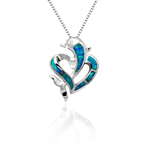CZ Accented Sterling Silver Dolphin and Heart Necklace Pendant with Blue Opal and Box Chain