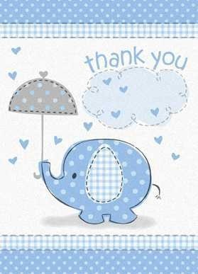Umbrella Elephant Boy Baby Shower Thank You Notes w/ Envelopes (8ct)