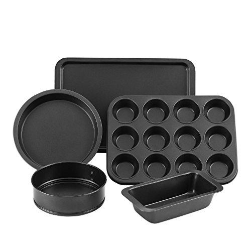 VonShef 5 Piece Non Stick Carbon Steel Bakeware Set - Free 2 Year Warranty - with Muffin Tray, Oven Tray, Cake Pan, Loaf Pan & Spring Form Cake Tin