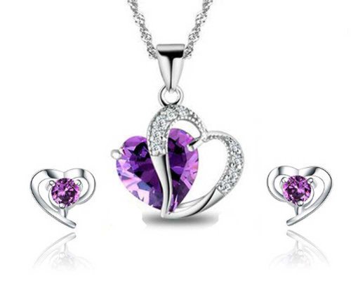 findout Rhodium Plated Amethyst Crystal Heart sterling Silver Necklace + earring set