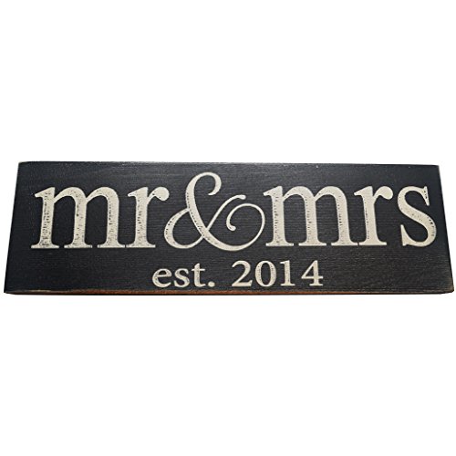 Mr Mrs Est 20XX Vintage Wood Sign for Wedding Anniversary Decoration Prop and Gift or Wall Decor PERFECT WEDDING GIFT (2014) (Black - Small - Lowercase)
