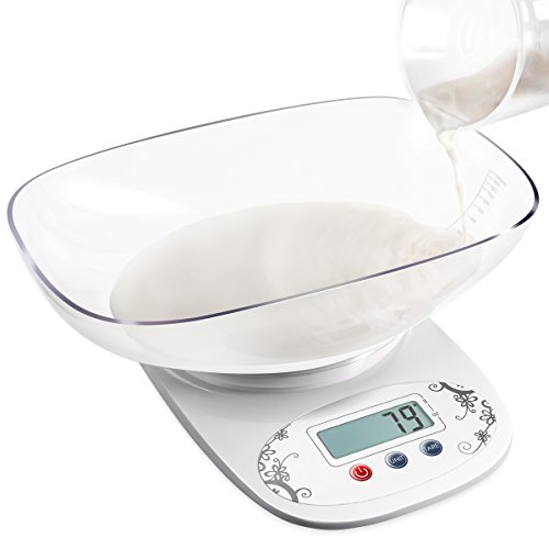 Amir® 11lb/5kg Digital Kitchen Scale, Volume Measurement Supported Kitchen Food Scale with 1000ml Removable Bowl, High-precision Food Scale, Back-Lit LCD Display (White)