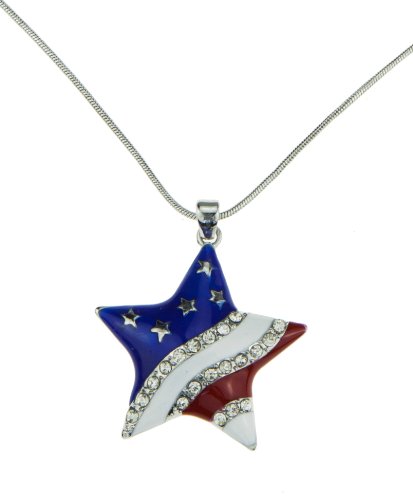 Red White Blue Patriotic American USA Flag Star Pendant Silver Necklace Beautiful Gift Jewelry for Girls