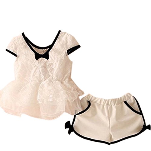 PanDaDa Girls Bowknot Chiffon Dots Tops T-shirts Lace Culottes Outfits Set 2...