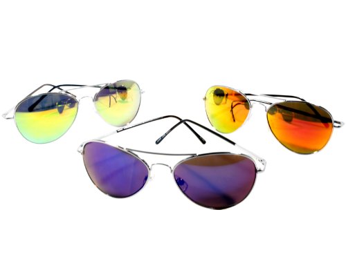 G&G Chrome Metal Silver Mirrored Aviator Sunglasses: Red, Gold and Blue