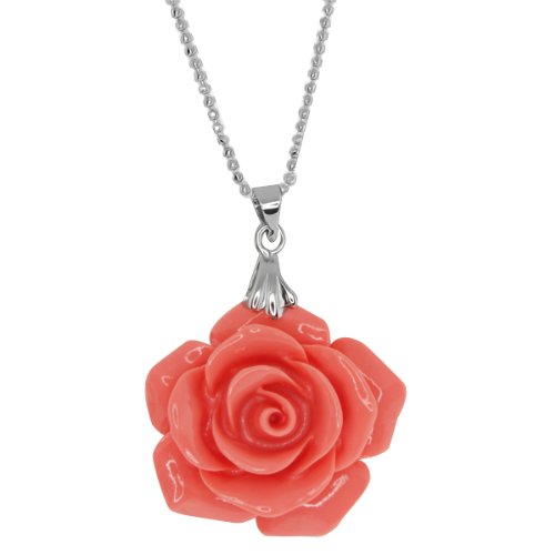 30MM Simulated Pink Coral Carved Rose Flower Pendant With 18 Chain