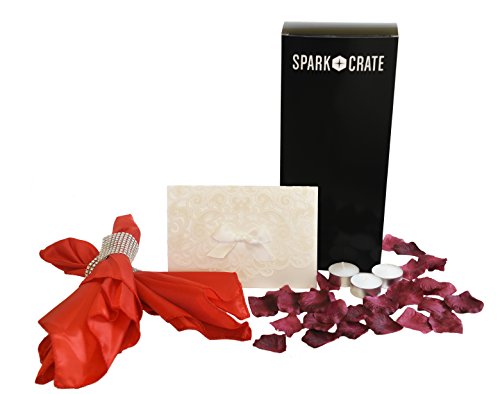 Spark Crate Romantic Date Bundle; Invitation Card, Fancy Napkins with Rings, Candles, Rose Petals; Perfect Gifts for Her or Him
