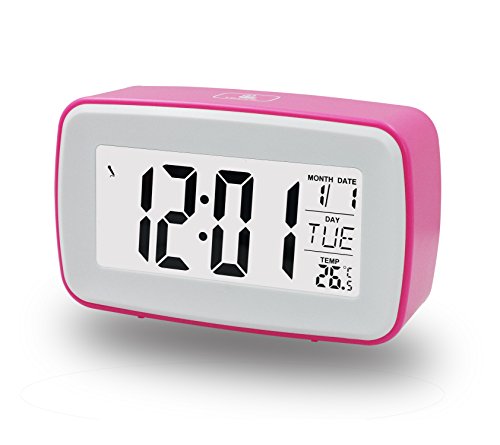 ZHPUAT Smart Light Alarm Clock, Snooze, Nature Sound & Recording Ringing, Date, Temperature (C& F), Timer, Progressively Alarm, Both DC & Batteries Operated (Pink)